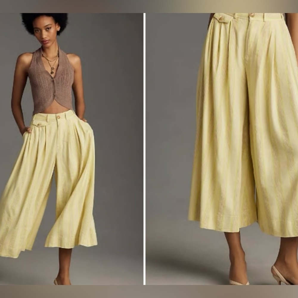 ANTHROPOLOGIE MAEVE STRIPE VOLUME CULOTTES WIDE LEG SIZE 10 YELLOW/GREEN NWT
